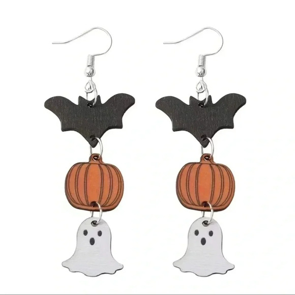 1 LEFT! Halloween Bat, Pumpkin, & Ghost Wood Dangle Earrings - Picture 6 of 6